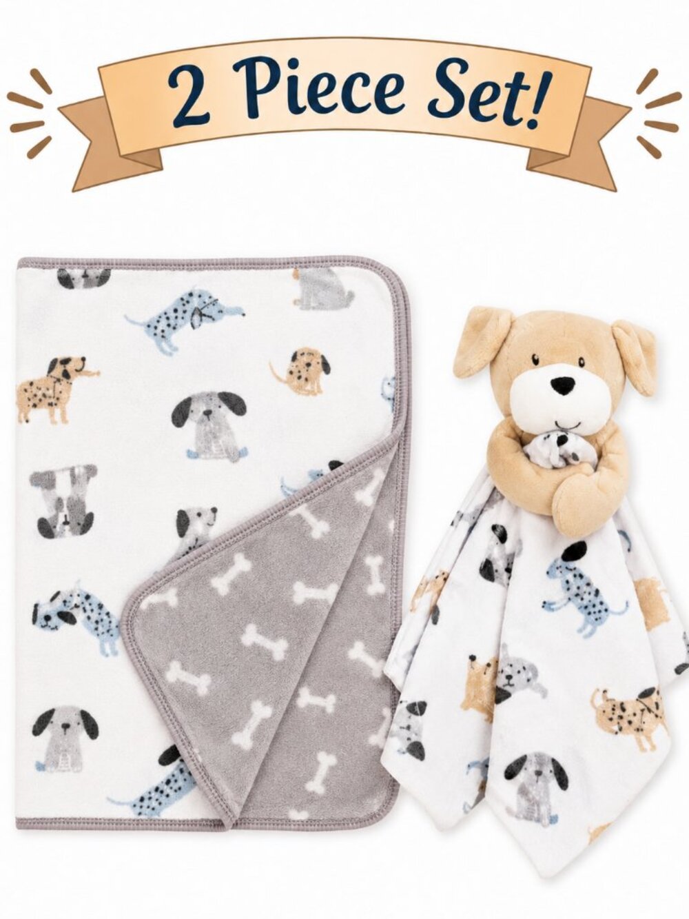 NWT Baby Essentials 2 Piece Plush Baby Blanket & Puppy Lovey Set Soft Security